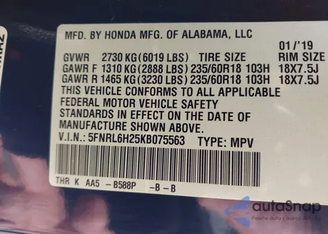 2019 Honda Odyssey Lx из США, поврежденный, VIN 5FNRL6H25KB075563